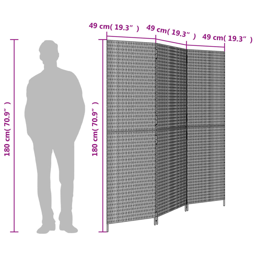 Room Divider 3 Panels Gray Poly Rattan