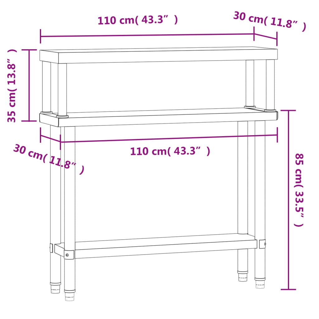 Kitchen Work Table with Overshelf 110x30x120 cm Stainless Steel