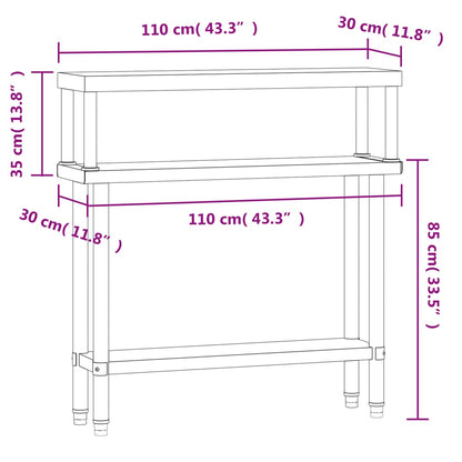 Kitchen Work Table with Overshelf 110x30x120 cm Stainless Steel