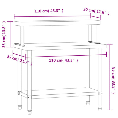 Kitchen Work Table with Overshelf 110x55x120 cm Stainless Steel