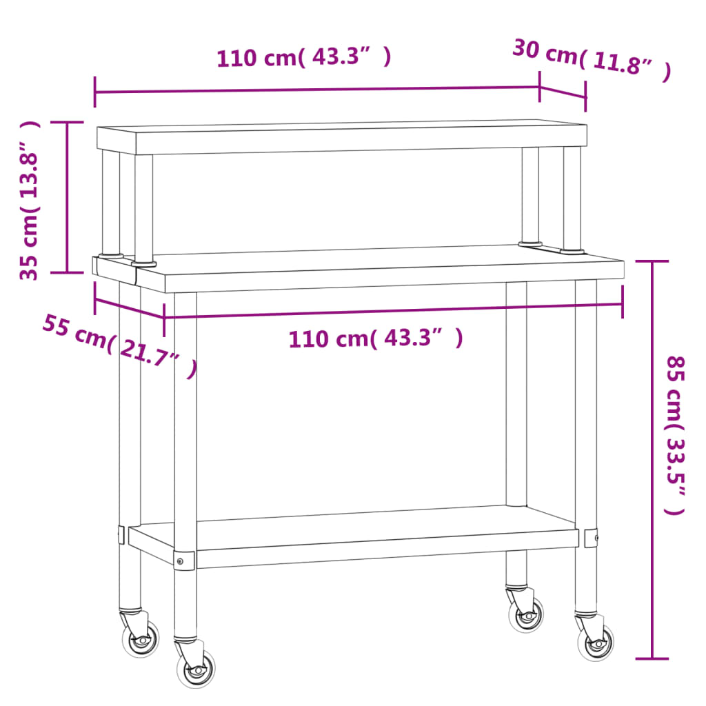 Kitchen Work Table with Overshelf 110x55x120 cm Stainless Steel