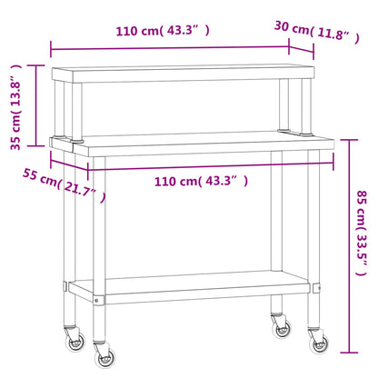 Kitchen Work Table with Overshelf 110x55x120 cm Stainless Steel