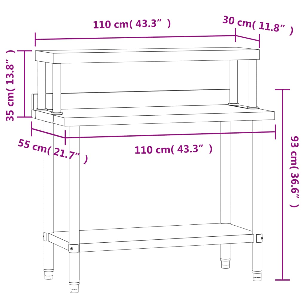 Kitchen Work Table with Overshelf 110x55x120 cm Stainless Steel