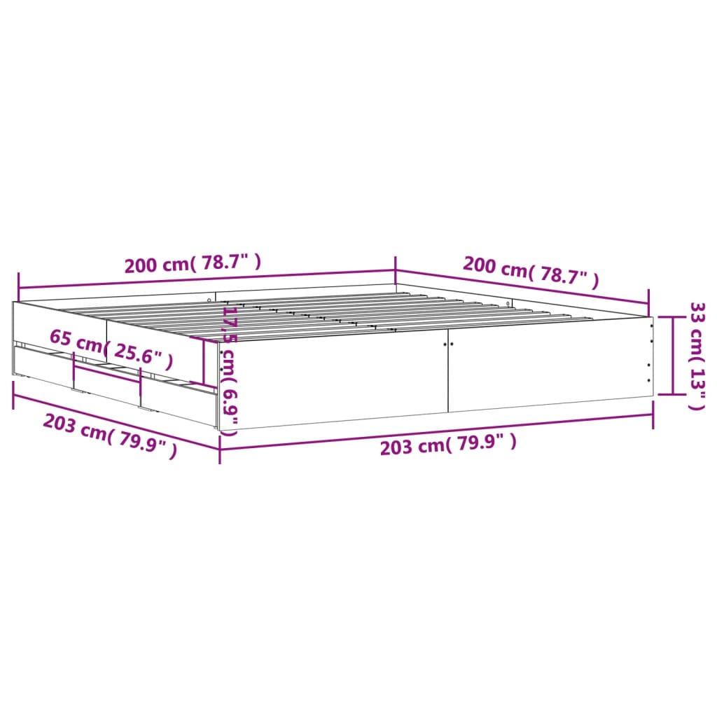 Bed Frame with Drawers without Mattress Black 200x200 cm