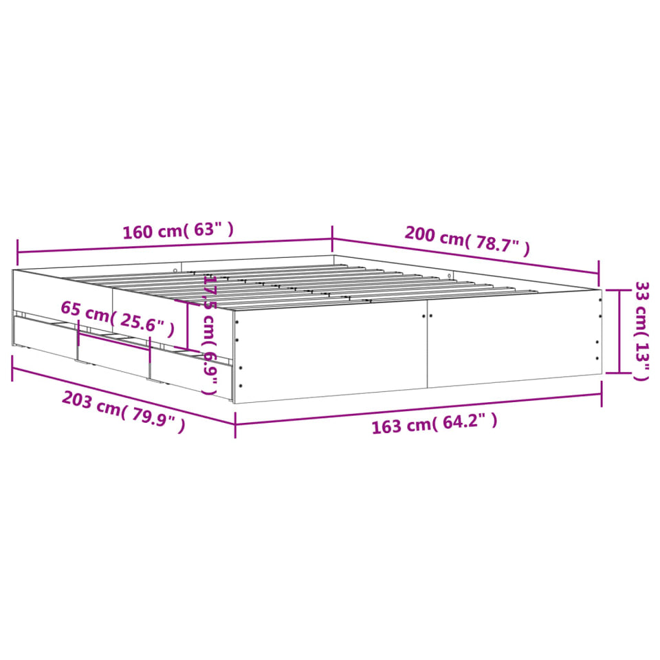 Bed Frame with Drawers Smoked Oak 160x200 cm Engineered Wood