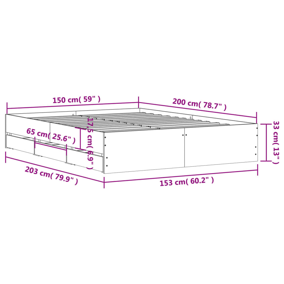 Bed Frame with Drawers Grey Sonoma 150x200 cm King Size Engineered Wood