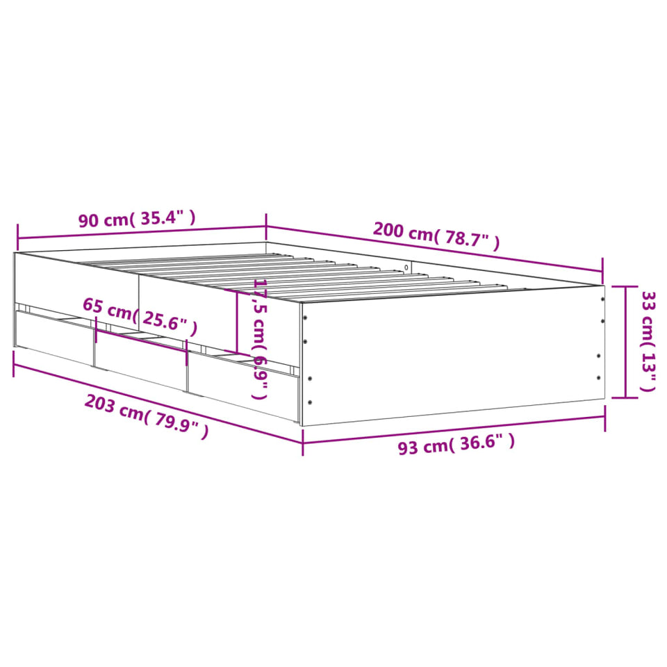 Bed Frame with Drawers without Mattress Concrete Grey 90x200 cm