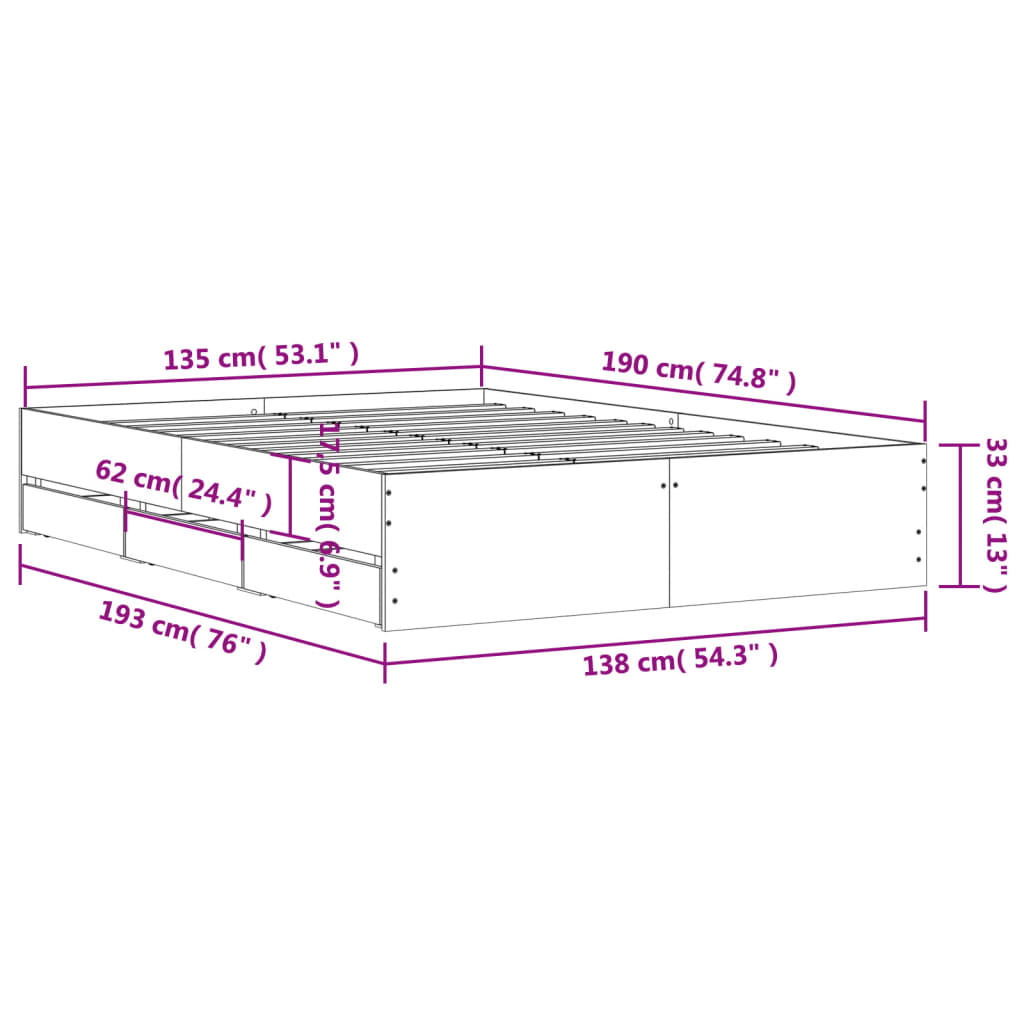 Bed Frame with Drawers without Mattress Brown Oak 135x190 cm Double