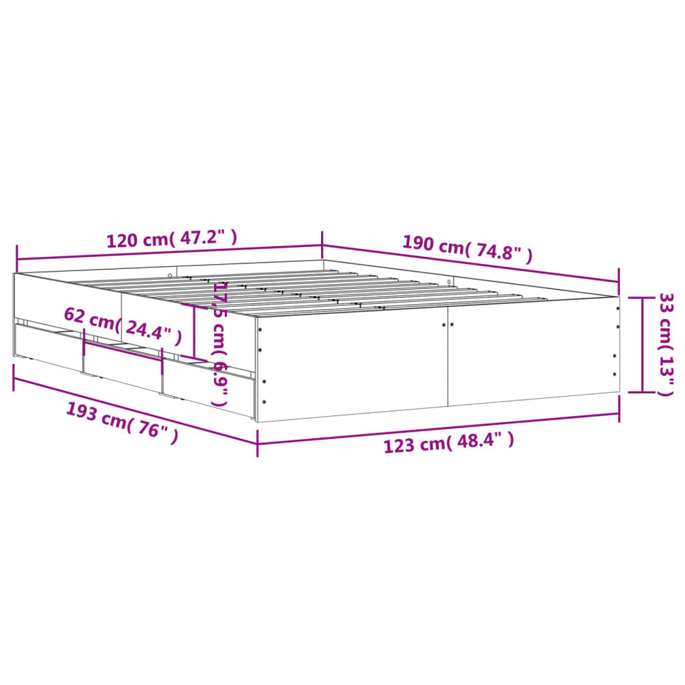 Bed Frame with Drawers without Mattress White 120x190 cm Small Double