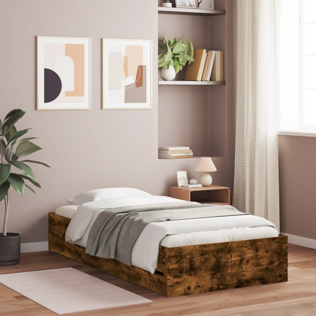 Bed Frame with Drawers without Mattress Smoked Oak 90x190 cm Single