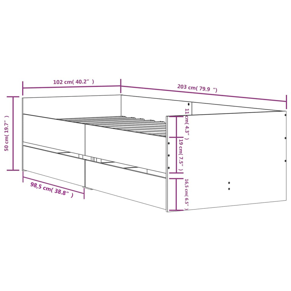 Bed Frame with Drawers without Mattress Grey Sonoma 100x200 cm