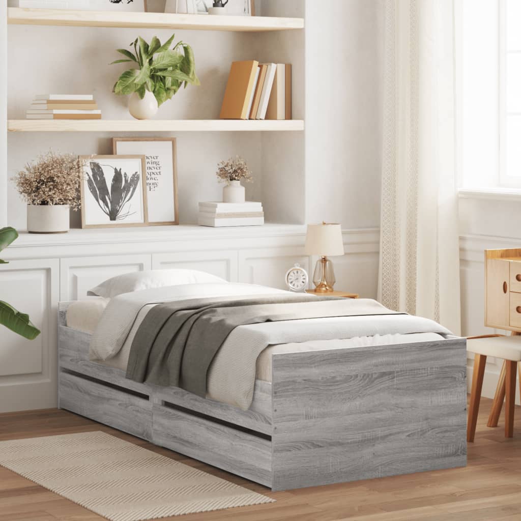 Bed Frame with Drawers without Mattress Grey Sonoma 100x200 cm