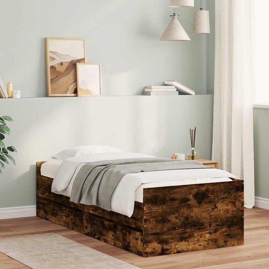 Bed Frame with Drawers without Mattress Smoked Oak 90x200 cm