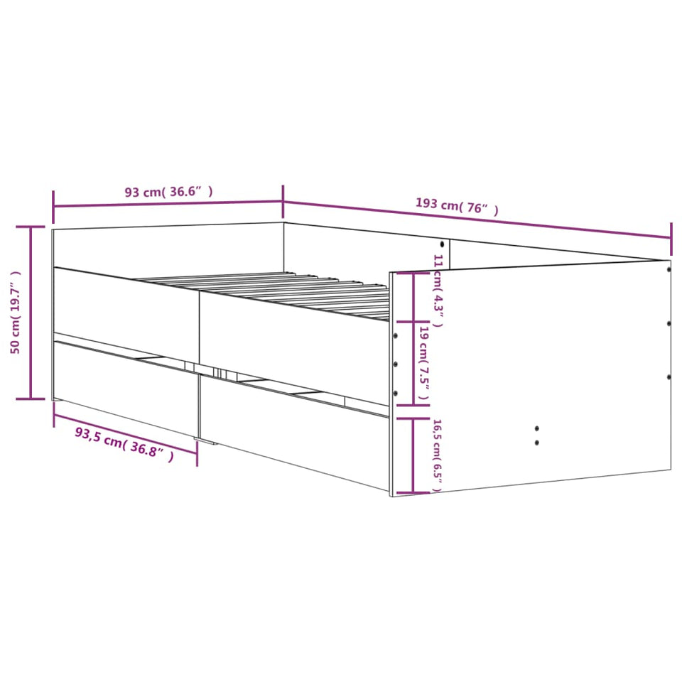 Bed Frame with Drawers White 90x190 cm Single