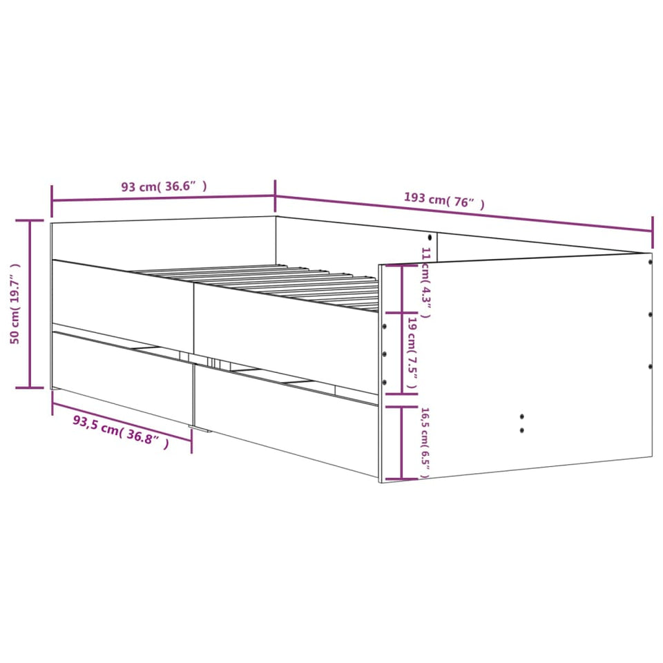 Bed Frame with Drawers Concrete Grey 90x190 cm Single