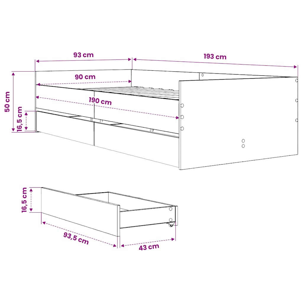 Bed Frame with Drawers without Mattress Smoked Oak 90x190 cm Single