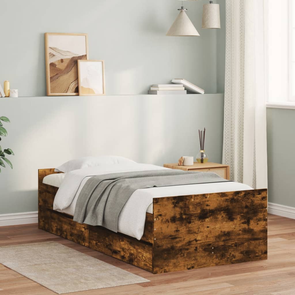 Bed Frame with Drawers without Mattress Smoked Oak 90x200 cm