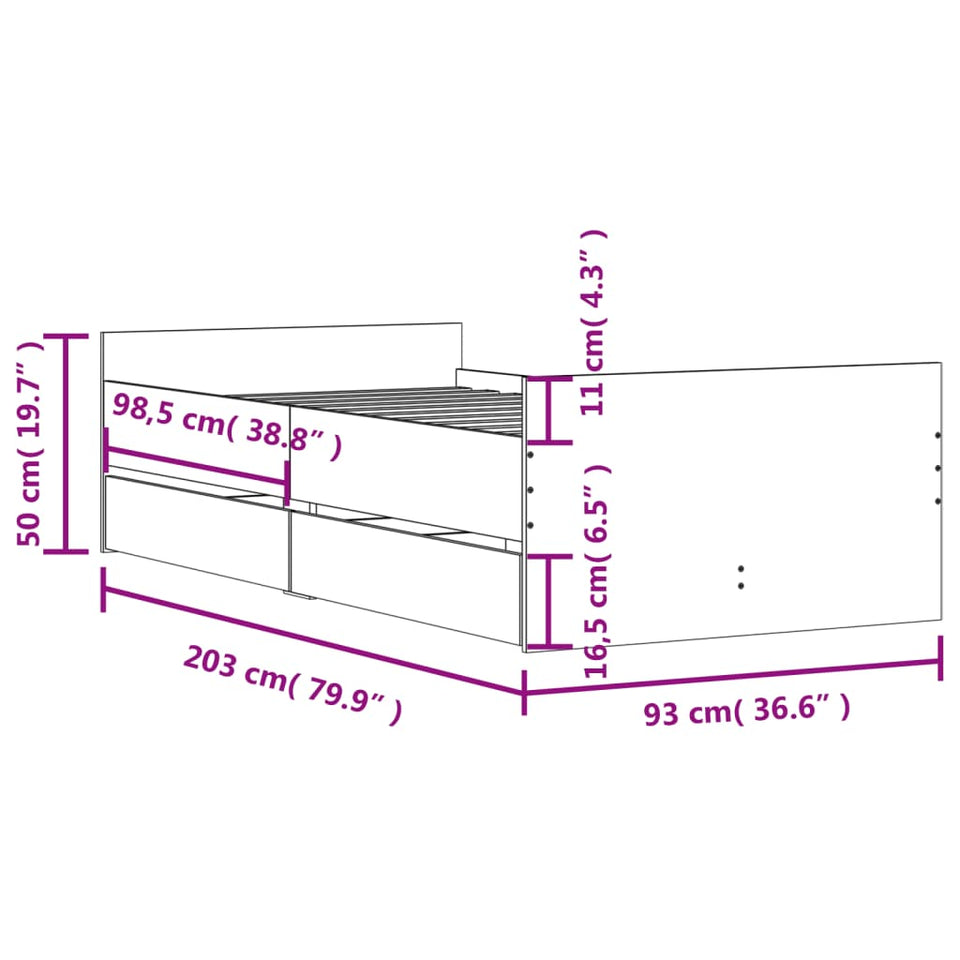 Bed Frame with Drawers Grey Sonoma 90x200 cm