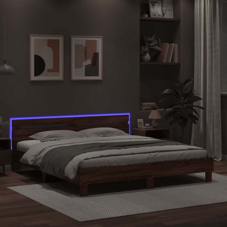 Bed Frame with Headboard and LED Brown Oak 200x200 cm