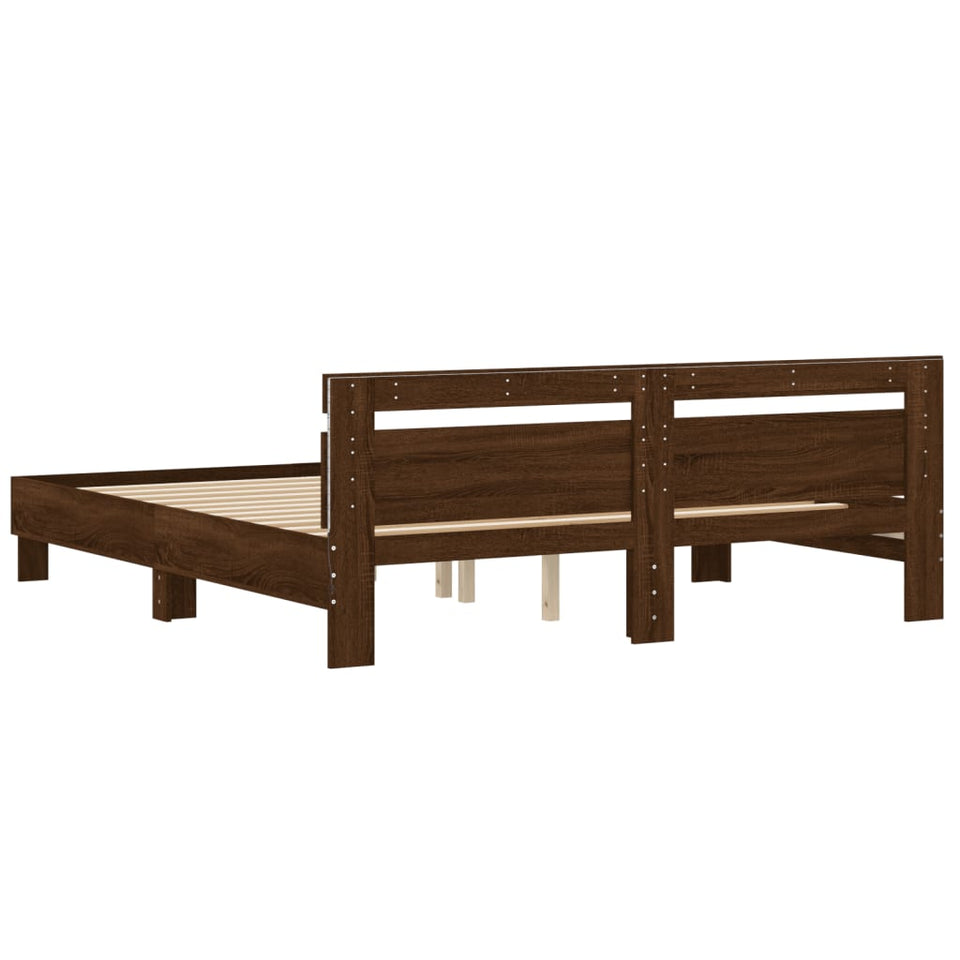 Bed Frame with Headboard and LED Brown Oak 200x200 cm