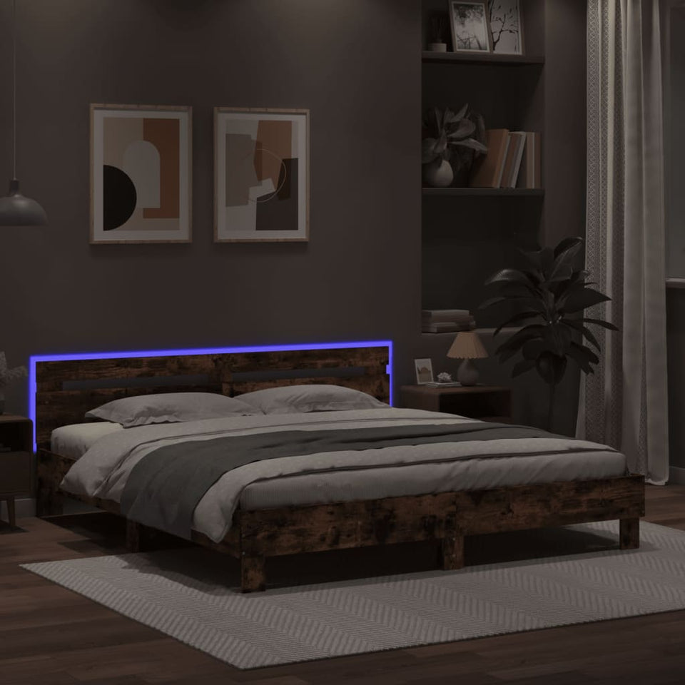 Bed Frame with Headboard and LED Smoked Oak 160x200 cm