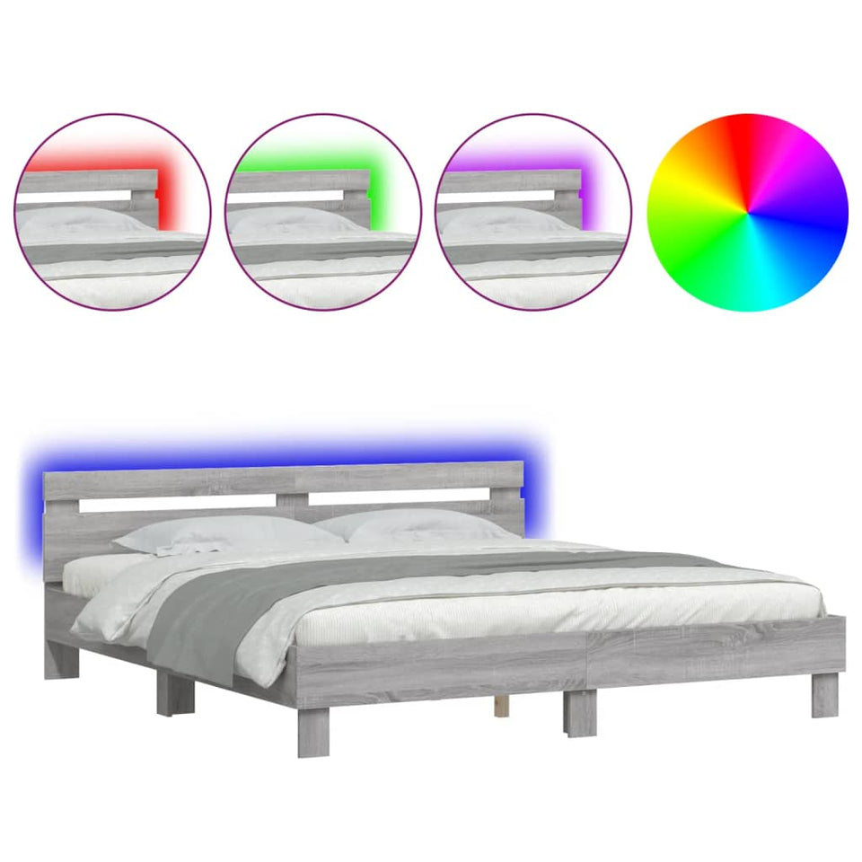 Bed Frame with Headboard and LED Grey Sonoma 160x200 cm