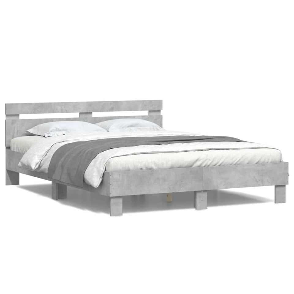 Bed Frame with Headboard and LED Concrete Grey 150x200 cm King Size