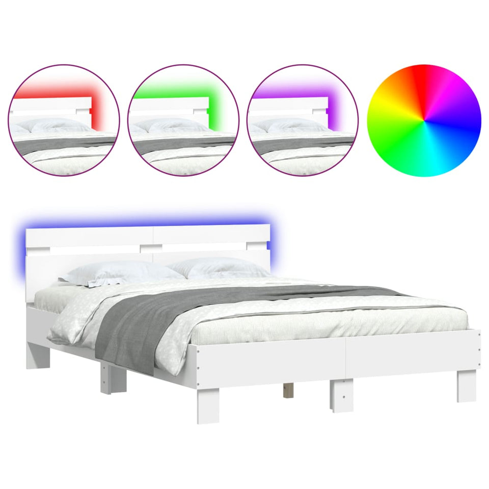 Bed Frame with Headboard and LED White 135x190 cm Double