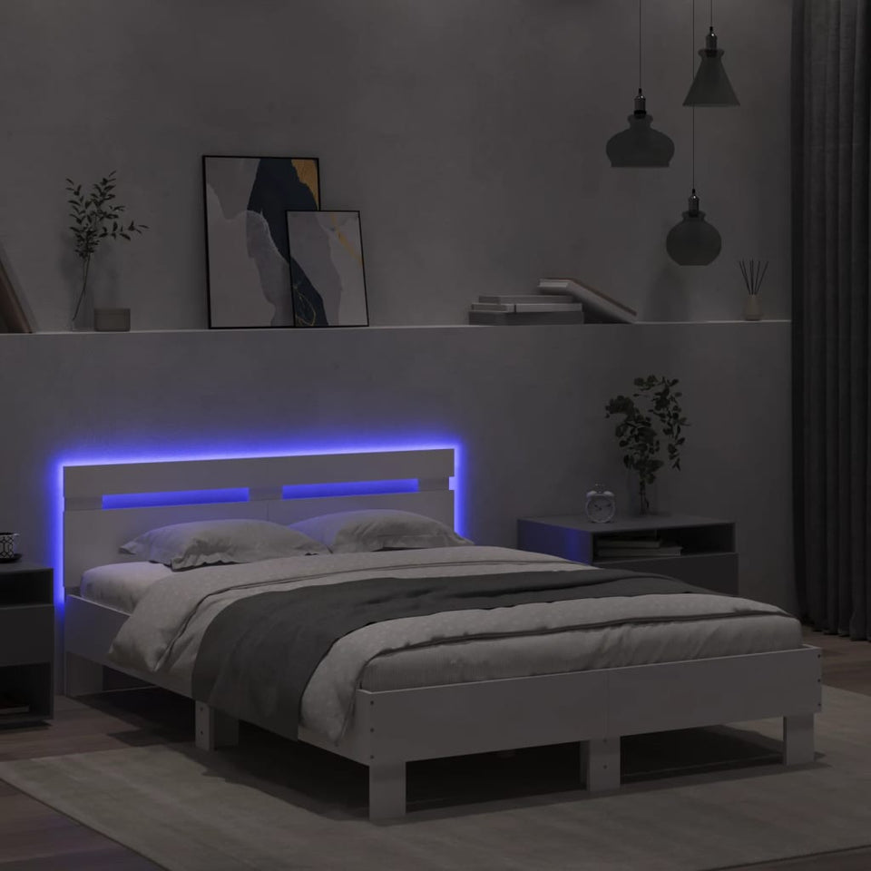 Bed Frame with Headboard and LED White 135x190 cm Double