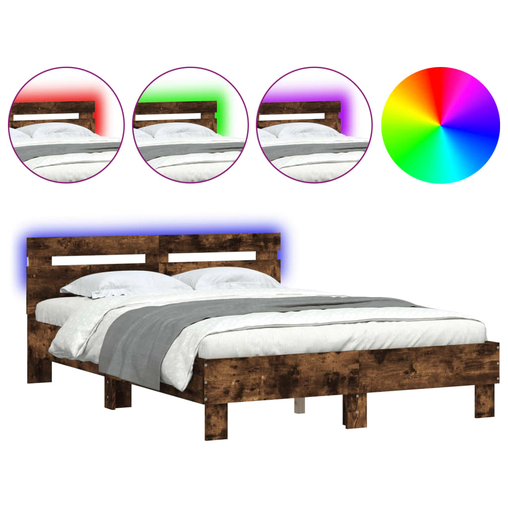 Bed Frame with LED without Mattress Smoked Oak 135x190 cm Double