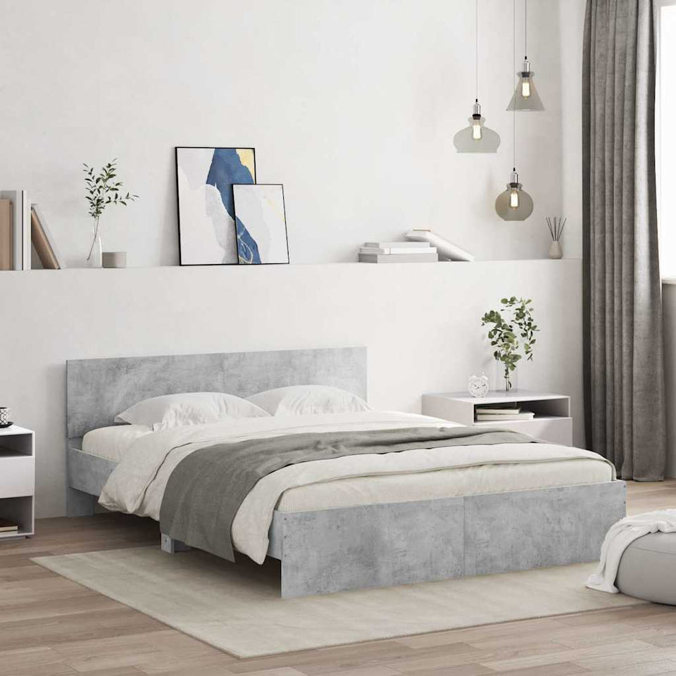 Bed Frame with Headboard and LED Concrete Grey 150x200 cm King Size