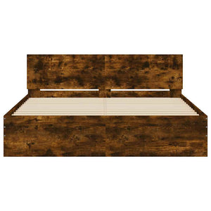 Bed Frame with Headboard and LED Smoked Oak 150x200 cm King Size