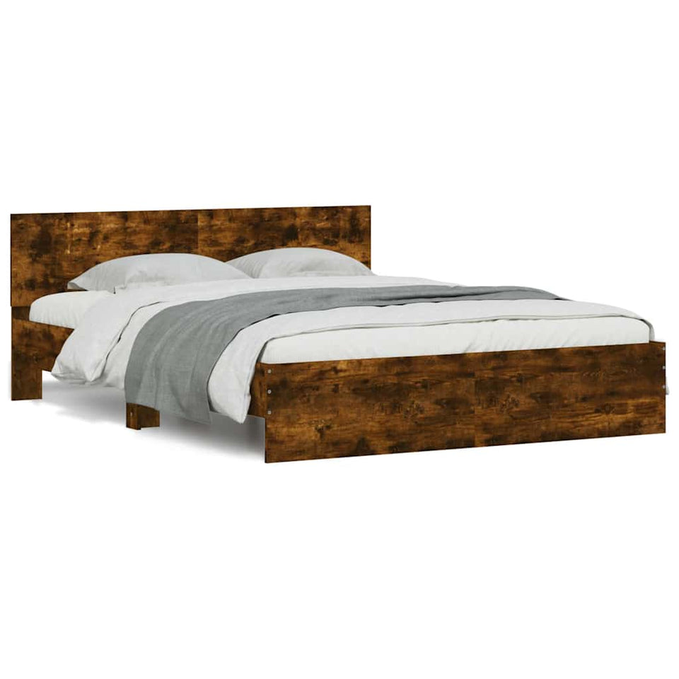 Bed Frame with Headboard and LED Smoked Oak 150x200 cm King Size