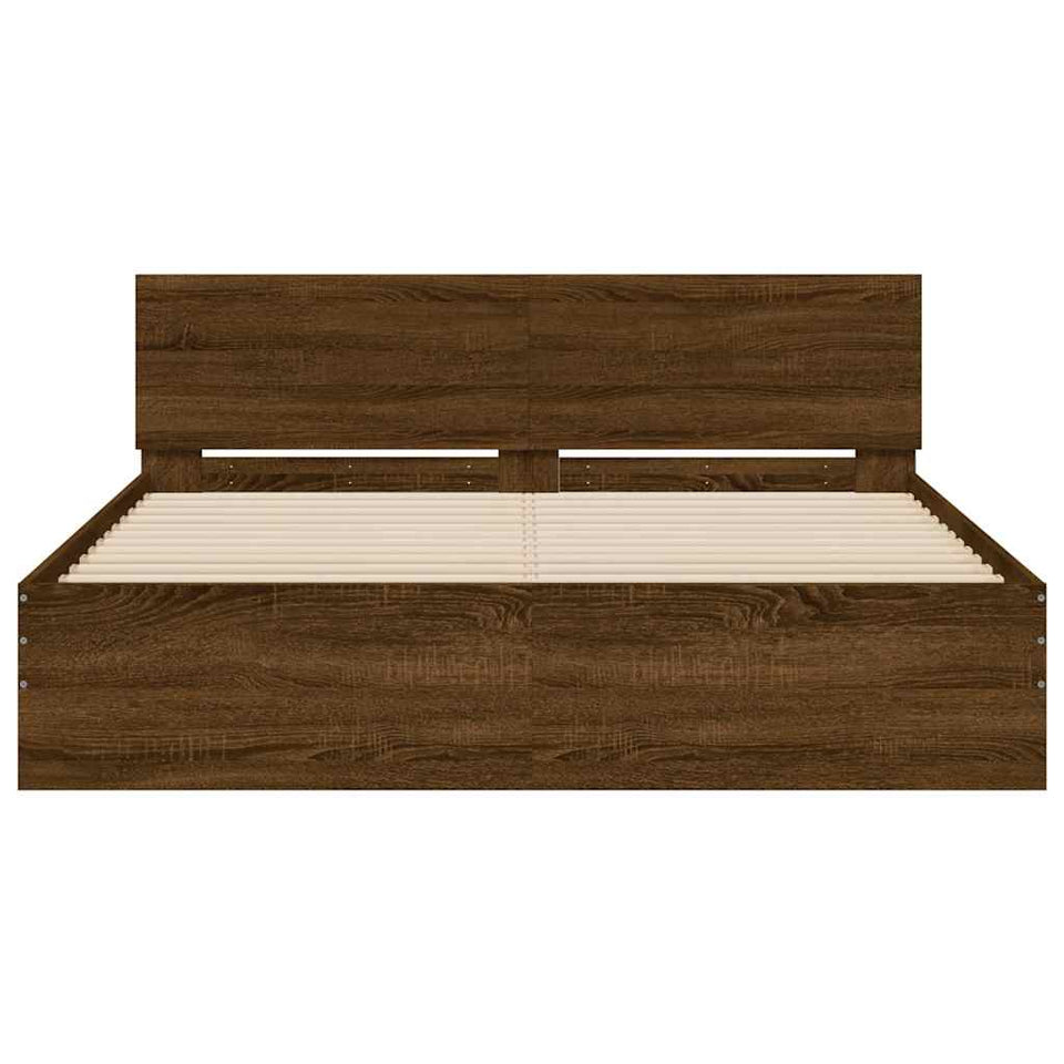 Bed Frame with Headboard and LED Brown Oak 150x200 cm King Size