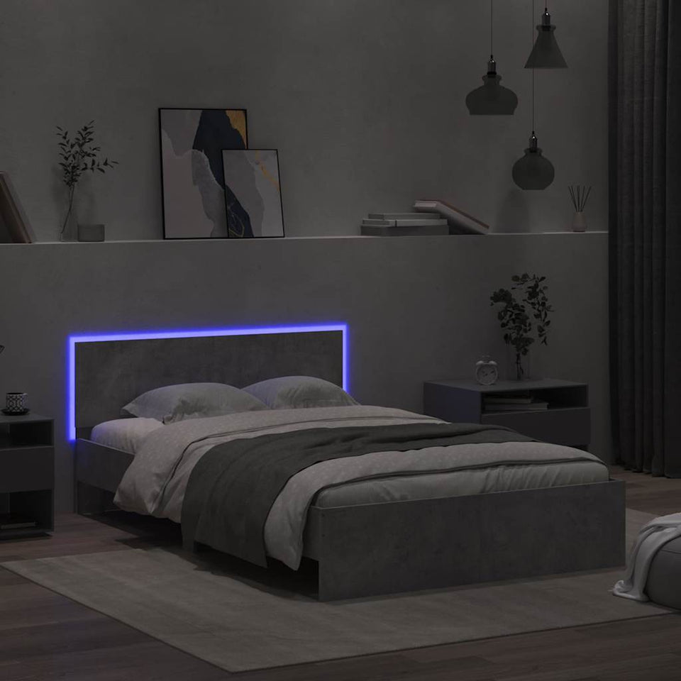 Bed Frame with Headboard and LED Concrete Grey 140x200 cm