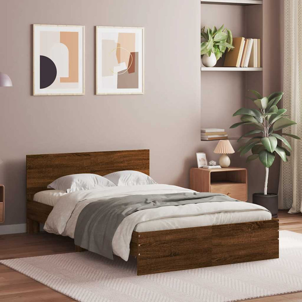 Bed Frame with Headboard and LED Brown Oak 140x200 cm