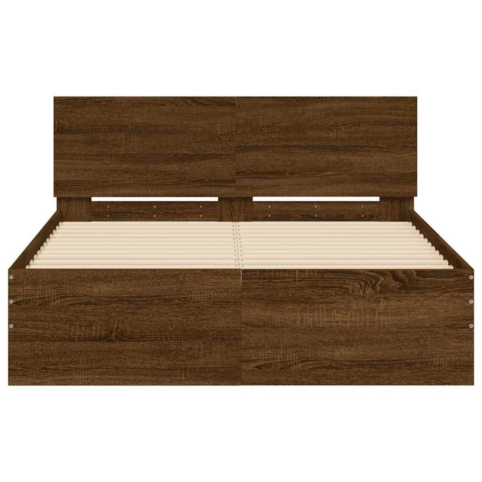 Bed Frame with Headboard and LED Brown Oak 140x200 cm