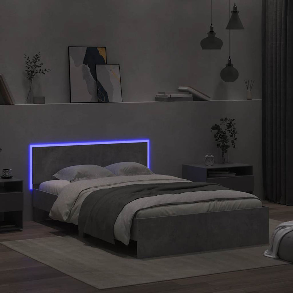 Bed Frame with Headboard and LED Concrete Grey 120x200 cm