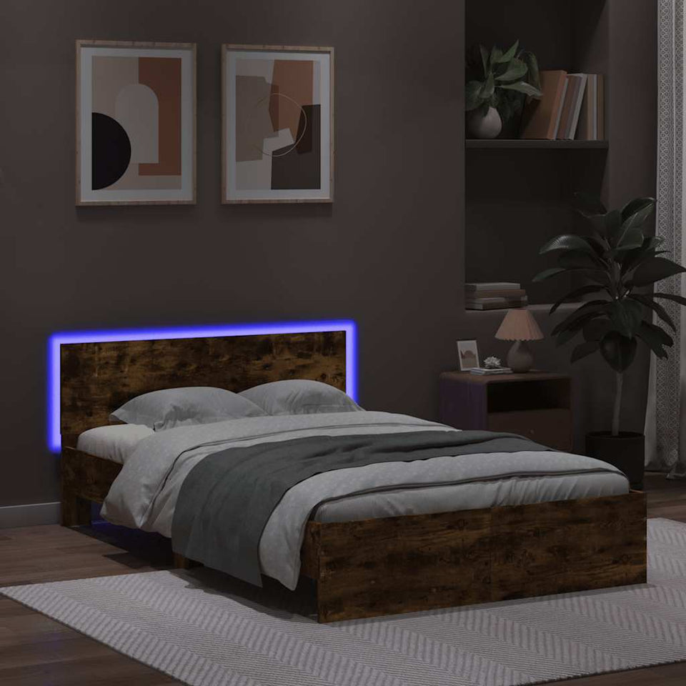 Bed Frame with Headboard and LED Smoked Oak 120x200 cm