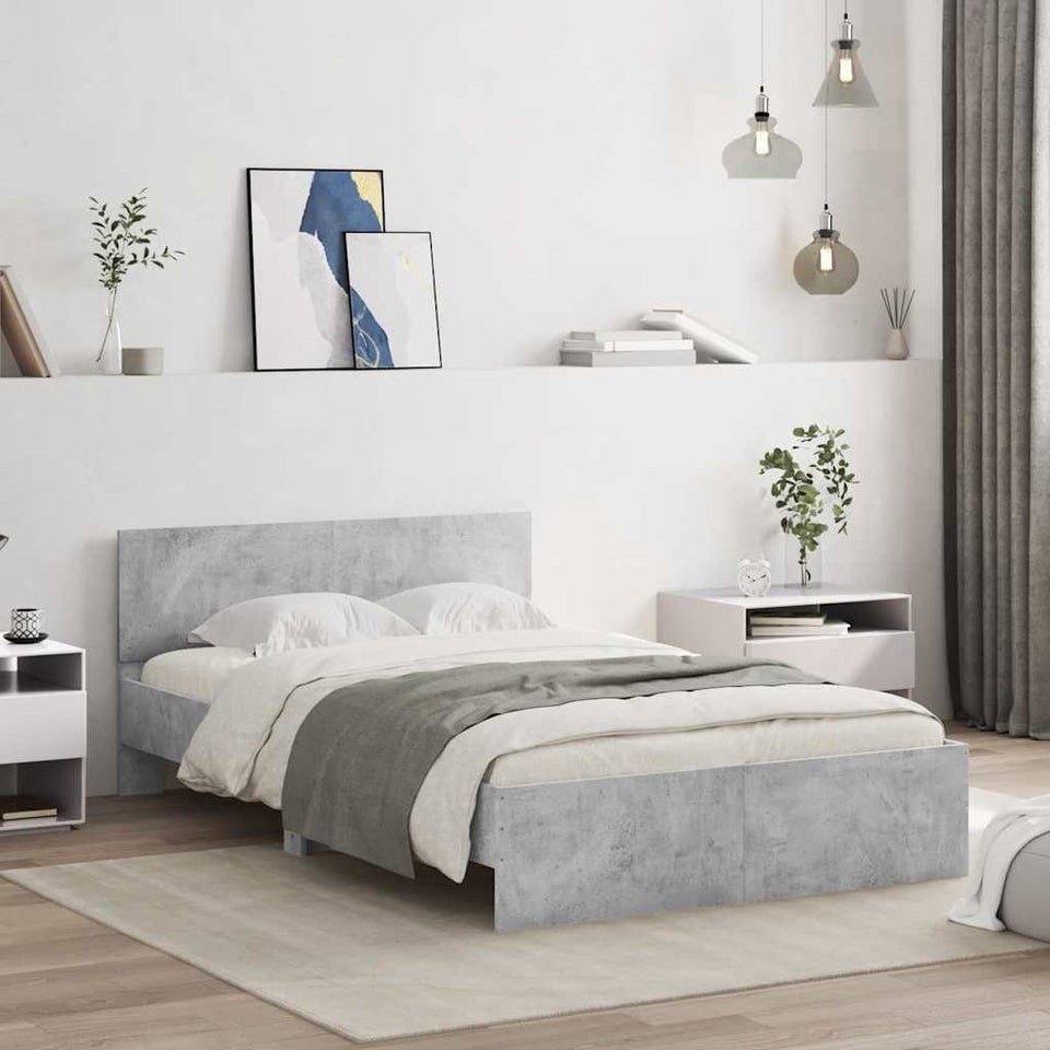 Bed Frame with Headboard and LED Concrete Grey 140x190 cm