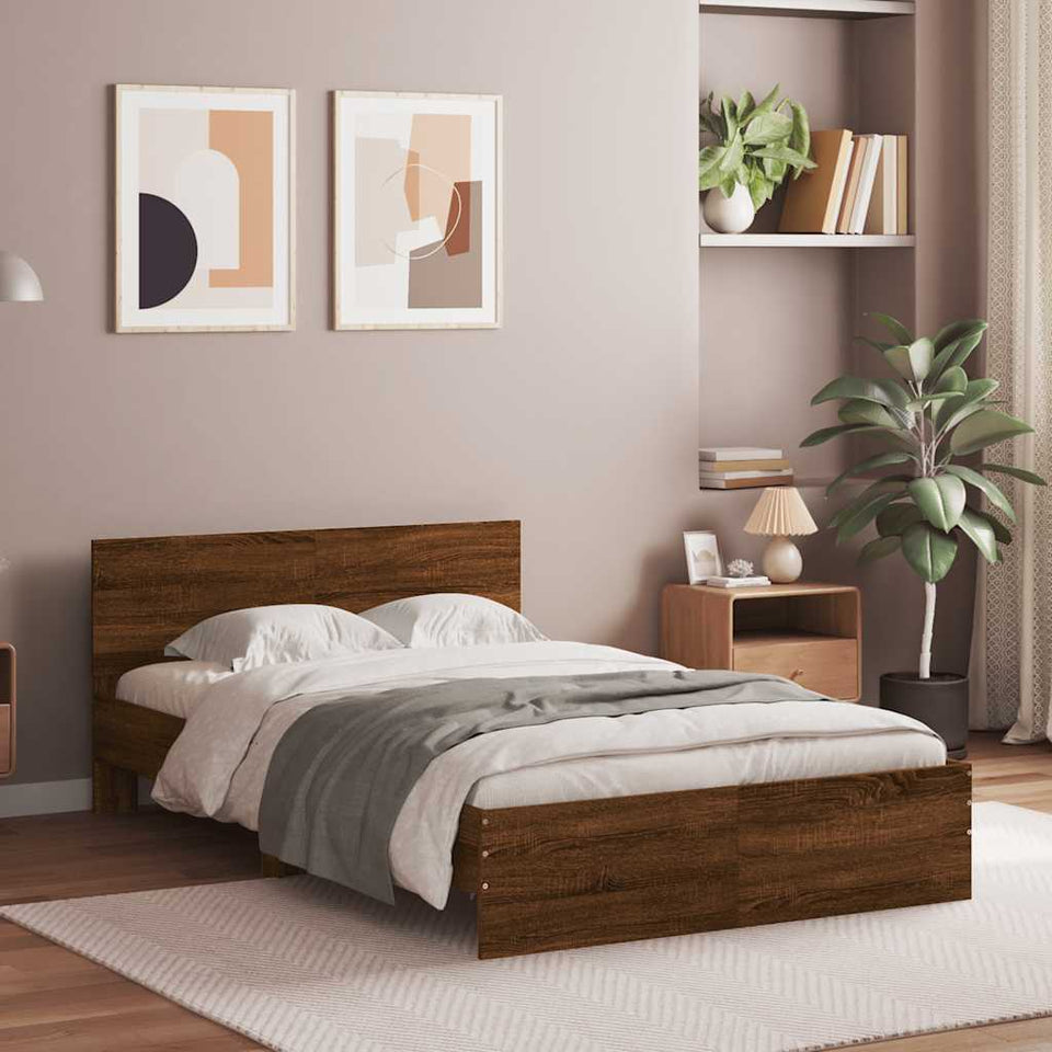 Bed Frame with Headboard and LED Brown Oak 135x190 cm Double