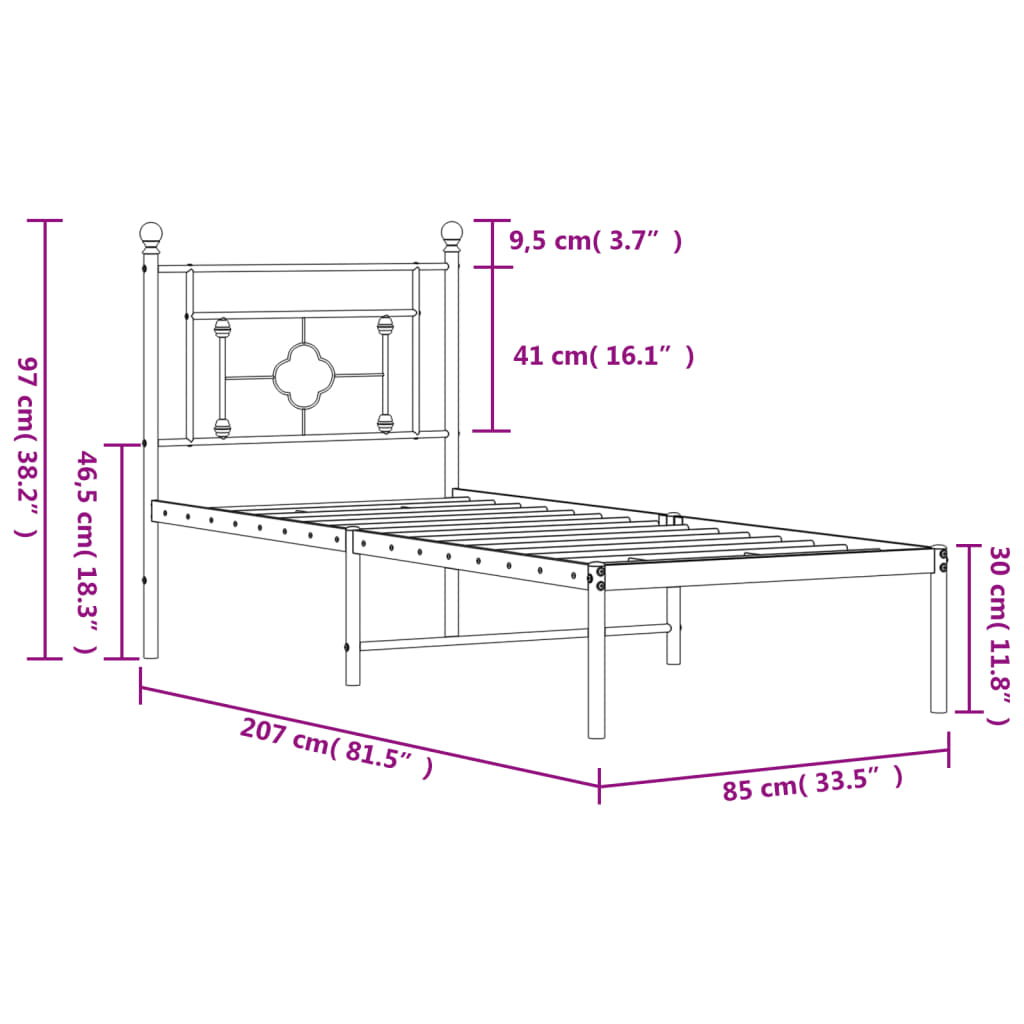 Metal Bed Frame without Mattress with Headboard Black 80x200cm
