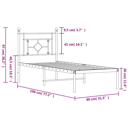 Metal Bed Frame without Mattress with Headboard White 75x190cm