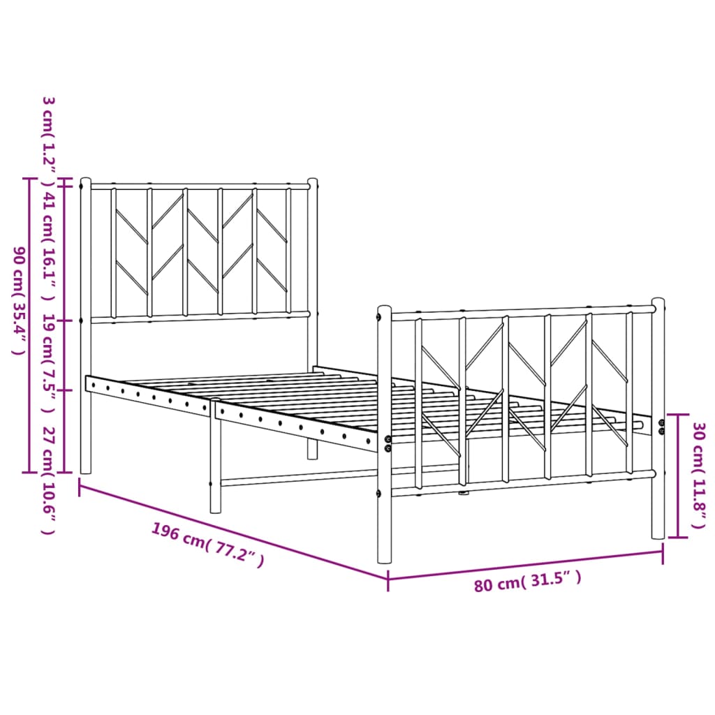 Metal Bed Frame without Mattress with Footboard White 75x190cm