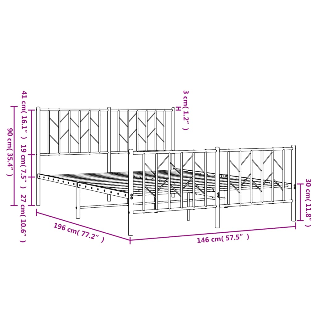 Metal Bed Frame without Mattress with Footboard White 140x190cm