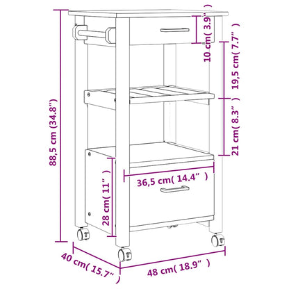Kitchen Trolley MONZA 18.9"x15.7"x34.8" Solid Wood Pine