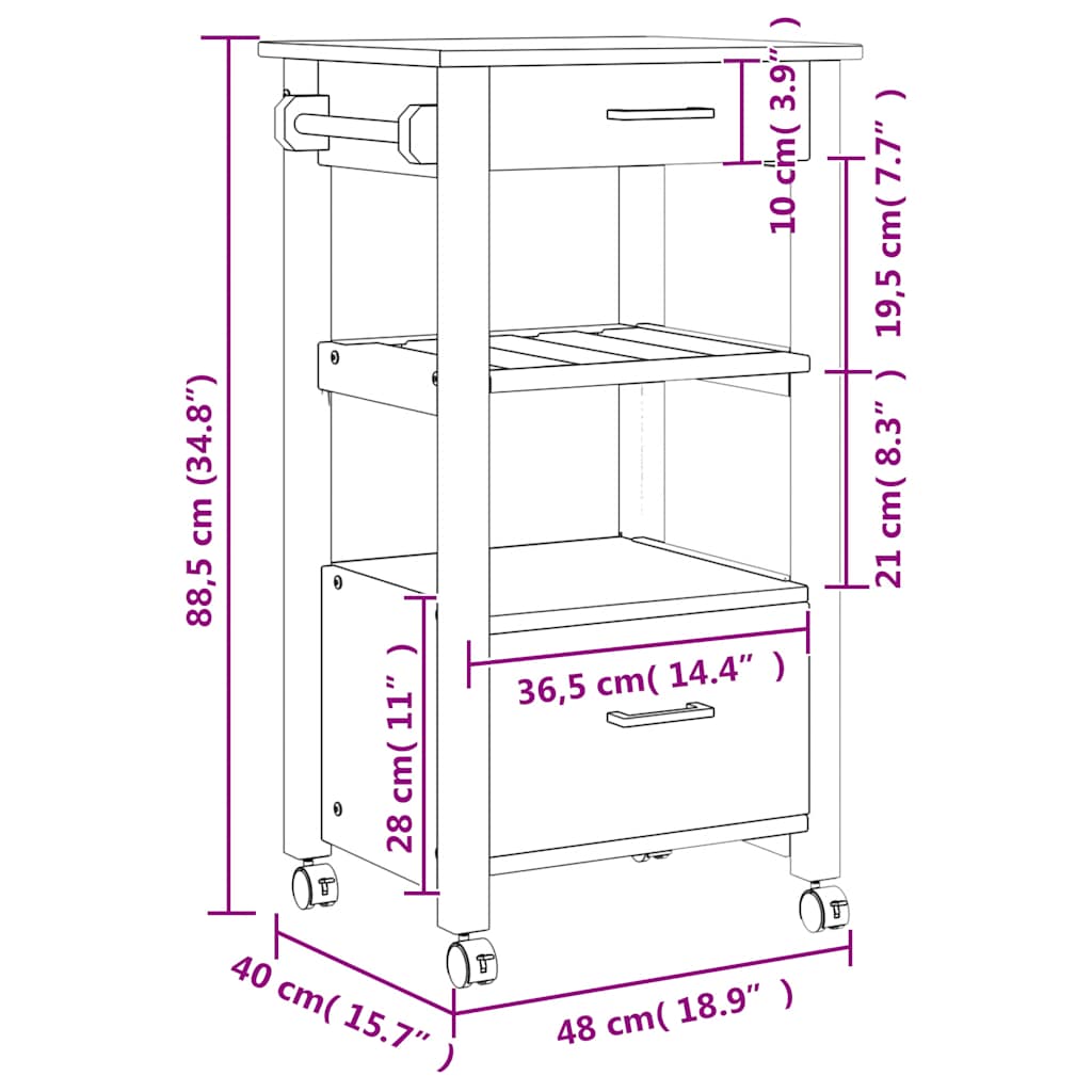 Kitchen Trolley MONZA 18.9"x15.7"x34.8" Solid Wood Pine