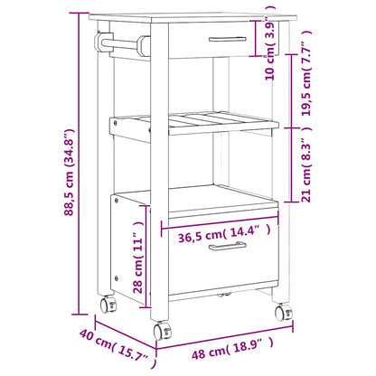 Kitchen Trolley MONZA 18.9"x15.7"x34.8" Solid Wood Pine