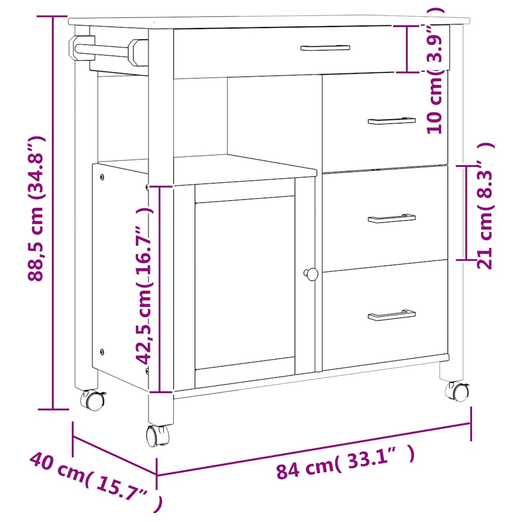 Kitchen Trolley MONZA 33.1"x15.7"x34.8" Solid Wood Pine