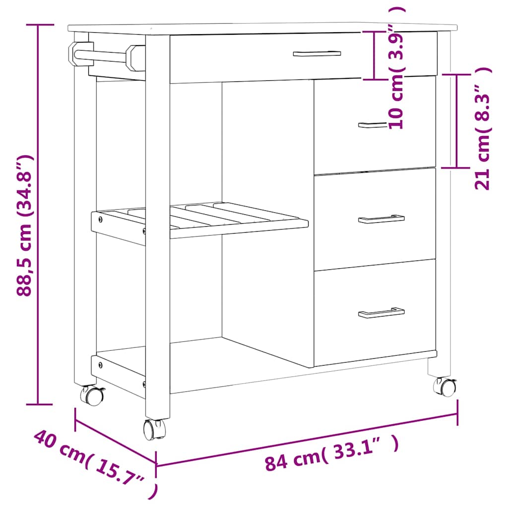 Kitchen Trolley MONZA 33.1"x15.7"x34.8" Solid Wood Pine